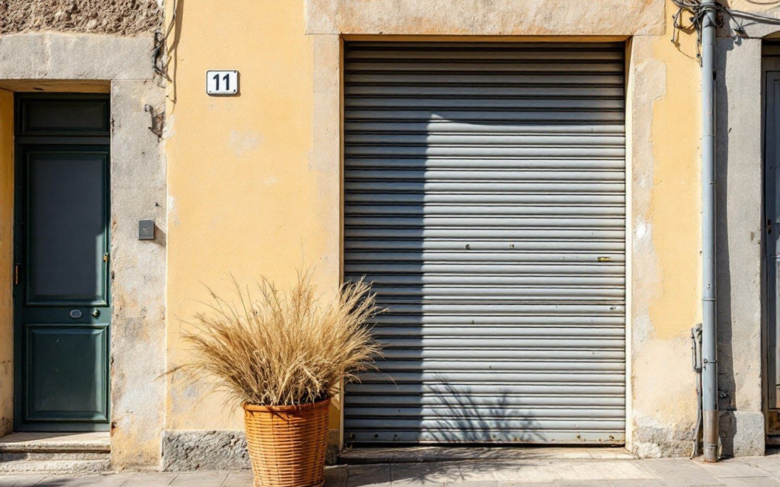 Shuttered shopfront on a quiet street with a dry potted plant, hard midday shadow