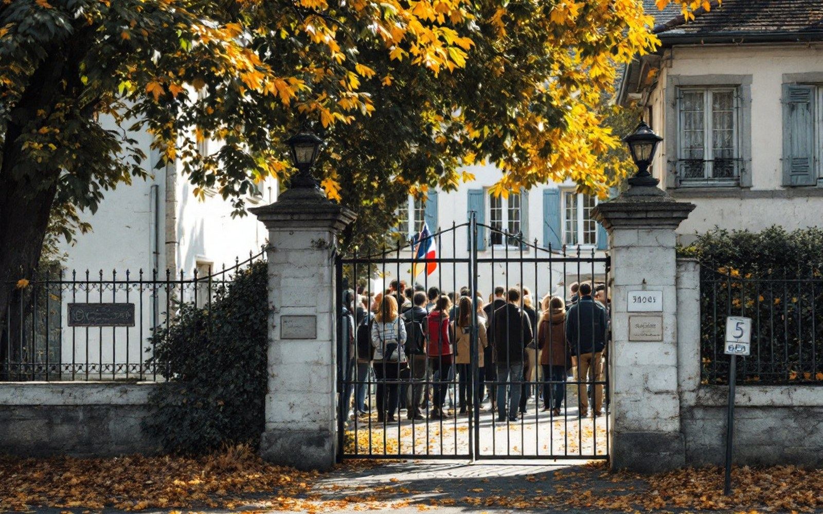 A school gate on a September morning with adults waiting