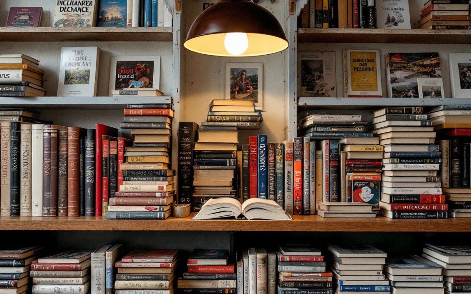 A shelf of dictionaries under a reading lamp
