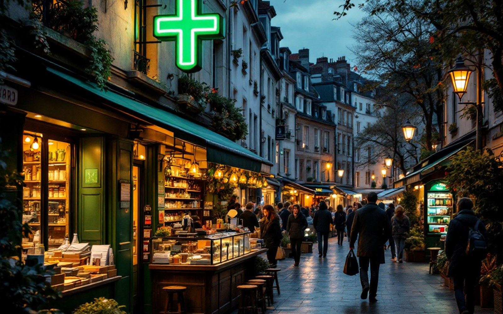 A green pharmacy cross lit above a street at dusk